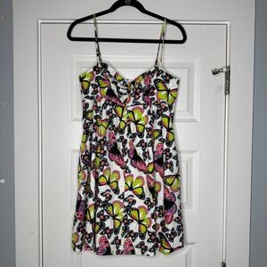 Vintage Y2K Betsey Johnson Butterfly Print Spaghetti Strap Babydoll Dress Size 8